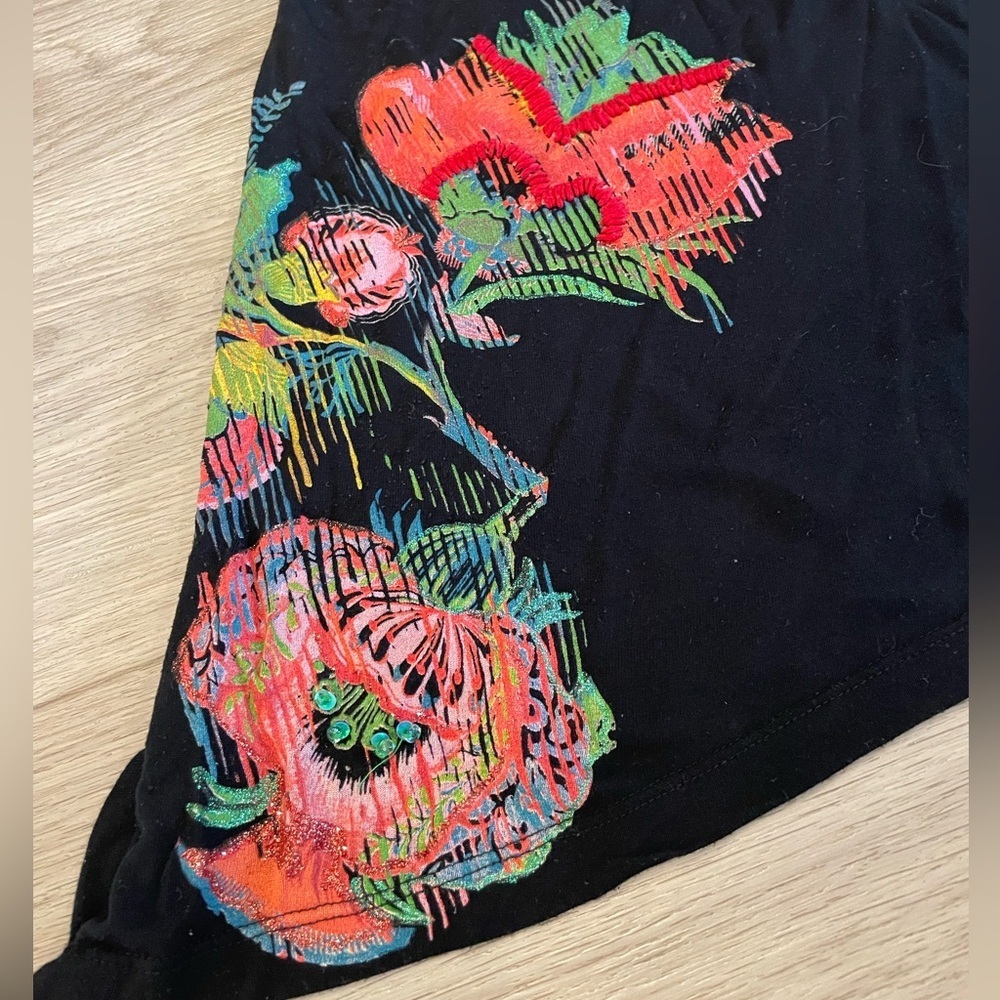 DESIGUAL Flowy Black Designer Dress Tunic Top with Floral Accents. Size S - Picture 5 of 9